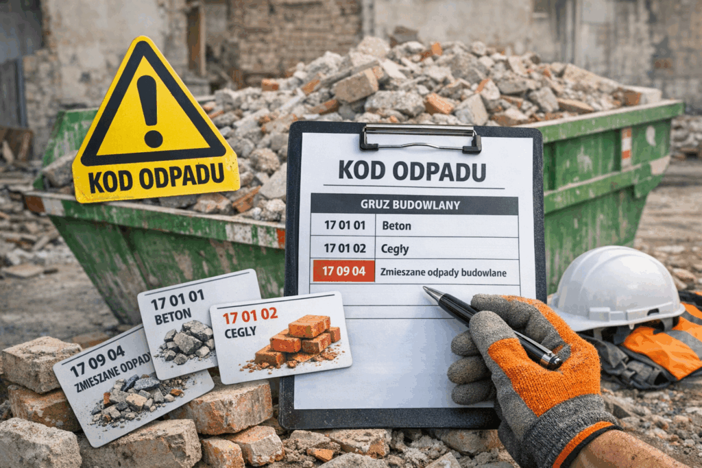 kod odpadu, gruz budowlany, kontener na gruz, recykling odpadów, wywóz gruzu